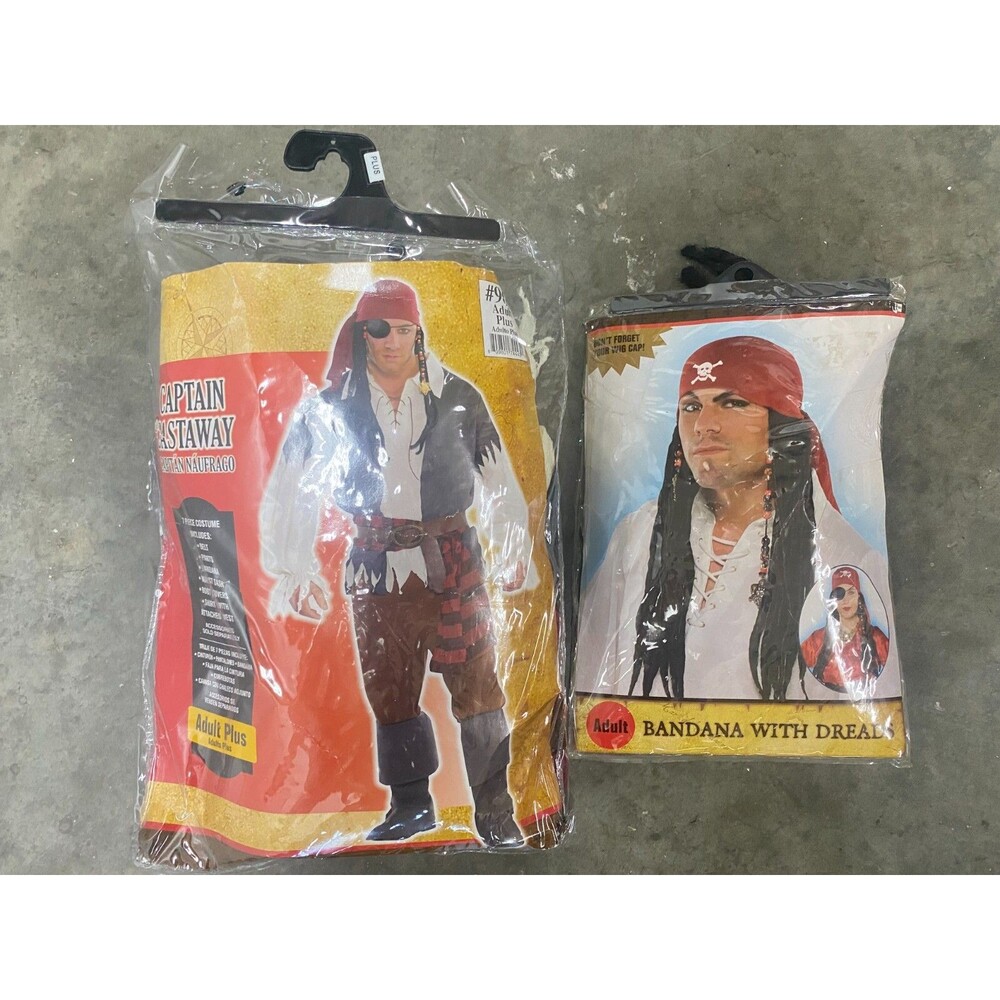 Captain Castaway Pirate Halloween Costume + Bandana with Dreads Adult Plus L XL